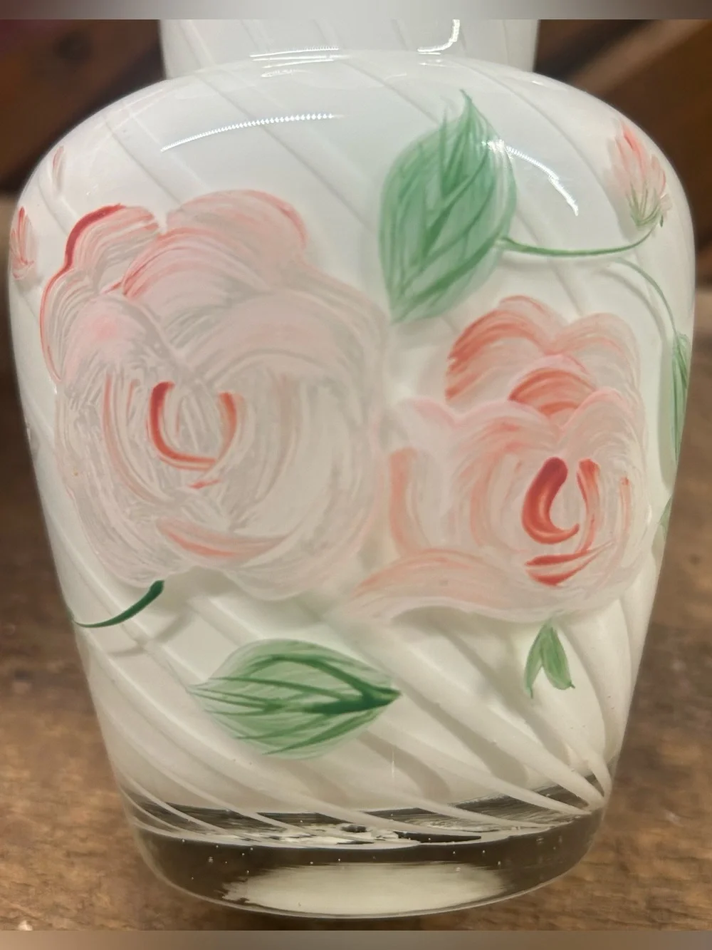 Vintage Fenton for Teleflora Hand-Painted White Optic Swirl Vase